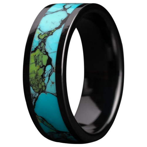 8mm Black Ceramic Flat Polished w/ Solid Blue Turquoise - 8BC101:TQM5-10-Heavy Stone-Renee Taylor Gallery