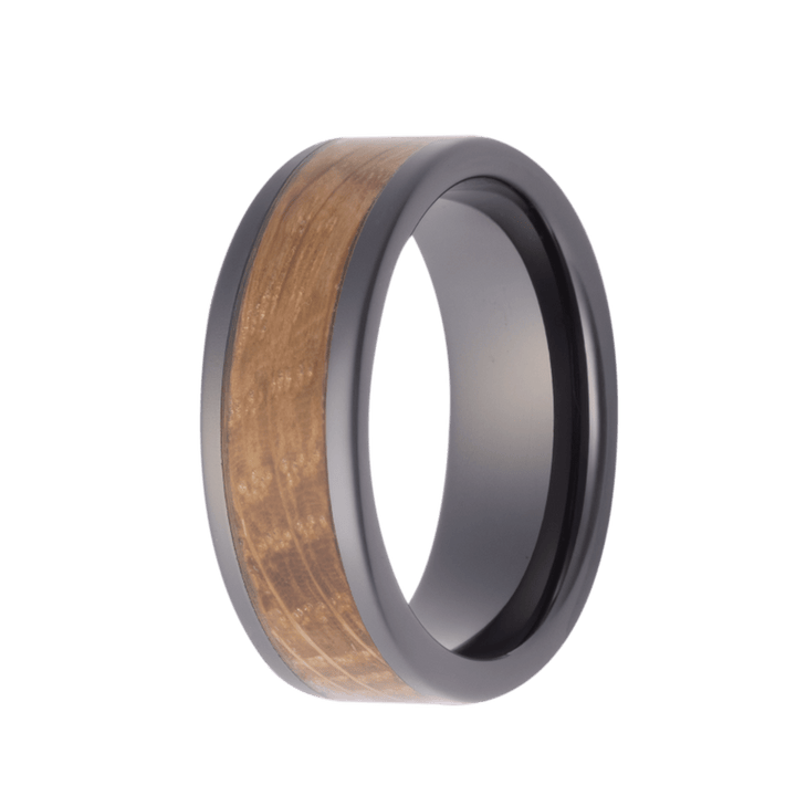 8mm Black Ceramic High-Polish Flat Ring with Whiskey Wood Inlay – 8BC101:WHK5-Heavy Stone-Renee Taylor Gallery