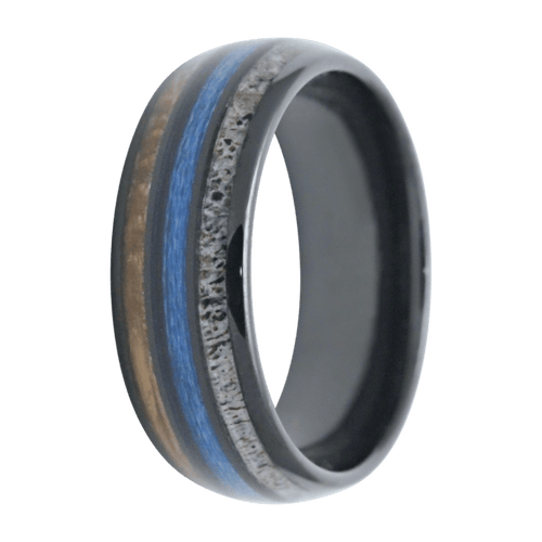 8mm Black Ceramic Polished Dome Ring with Antler, Blue Fishing Line, and Whiskey Barrel Wood Inlays – K8BC111:AN1/1FS2/WHK1-Heavy Stone-Renee Taylor Gallery