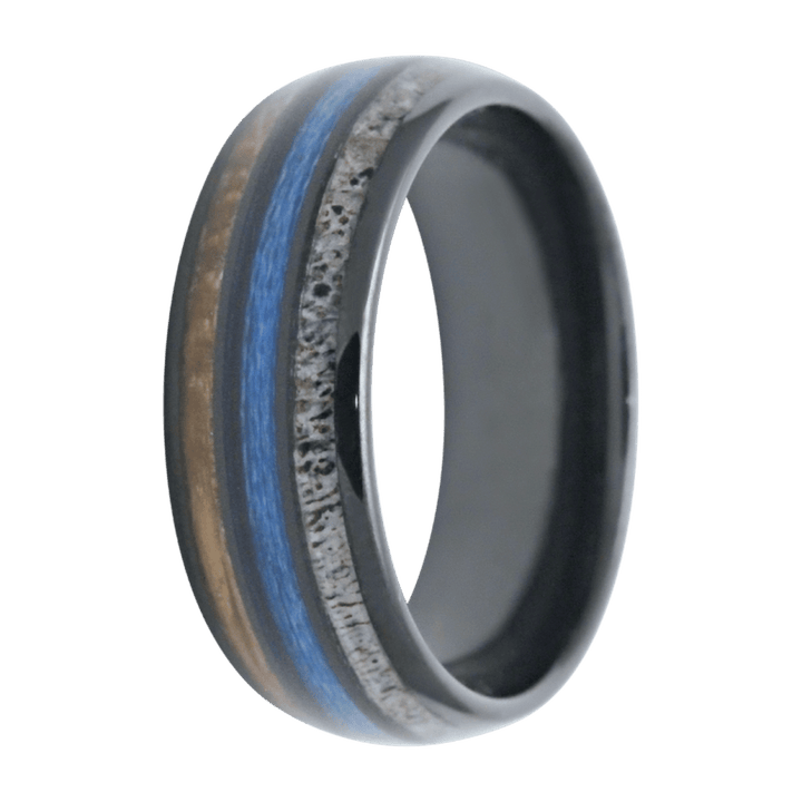 8mm Black Ceramic Polished Dome Ring with Antler, Blue Fishing Line, and Whiskey Barrel Wood Inlays – 8BC111:AN1/1FS2/WHK1-Heavy Stone-Renee Taylor Gallery