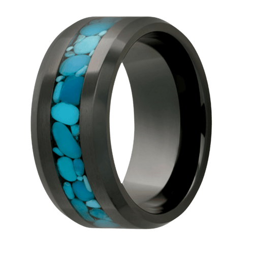 8MM Black Ceramic Beveled Ring w/ Pebbled Blue Turquoise Inlay - 8BC125:PTQ4-Heavy Stone-Renee Taylor Gallery