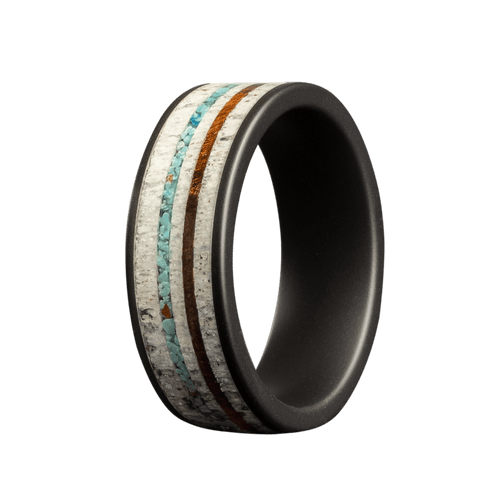 8MM Black Ceramic Flat Matte Ring w/ Elk Antler & Blue Turquoise Inlay - 8BC601:(AN4/CT1/IR1)-Heavy Stone-Renee Taylor Gallery
