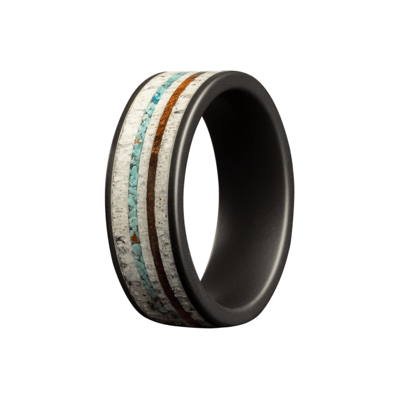 8mm Black Ceramic Matte Flat Ring with Elk Antler, Crushed Blue Turquoise, and Ironwood Inlays – K8BC601:(AN4/CT1/IR1)-Heavy Stone-Renee Taylor Gallery