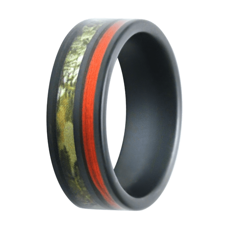 8mm Black Ceramic Matte Flat Ring with Pine Camo Offset Inlay – K8BC601:CMP3/5FS2-Heavy Stone-Renee Taylor Gallery