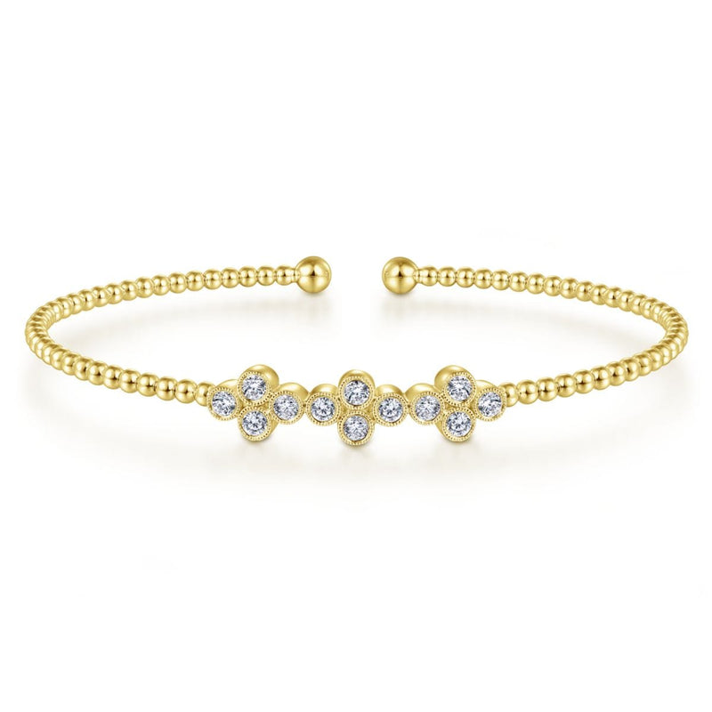 14K Yellow Gold Bujukan Cuff Bracelet with Three Quatrefoil Diamond Stations - BG4115-62Y45JJ-Gabriel & Co.-Renee Taylor Gallery