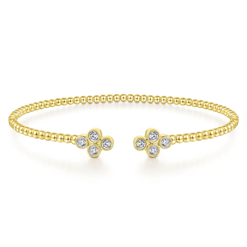14K Yellow Gold Bujukan Split Cuff Bracelet with Quatrefoil Diamond Endcaps - BG4124-62Y45JJ-Gabriel & Co.-Renee Taylor Gallery
