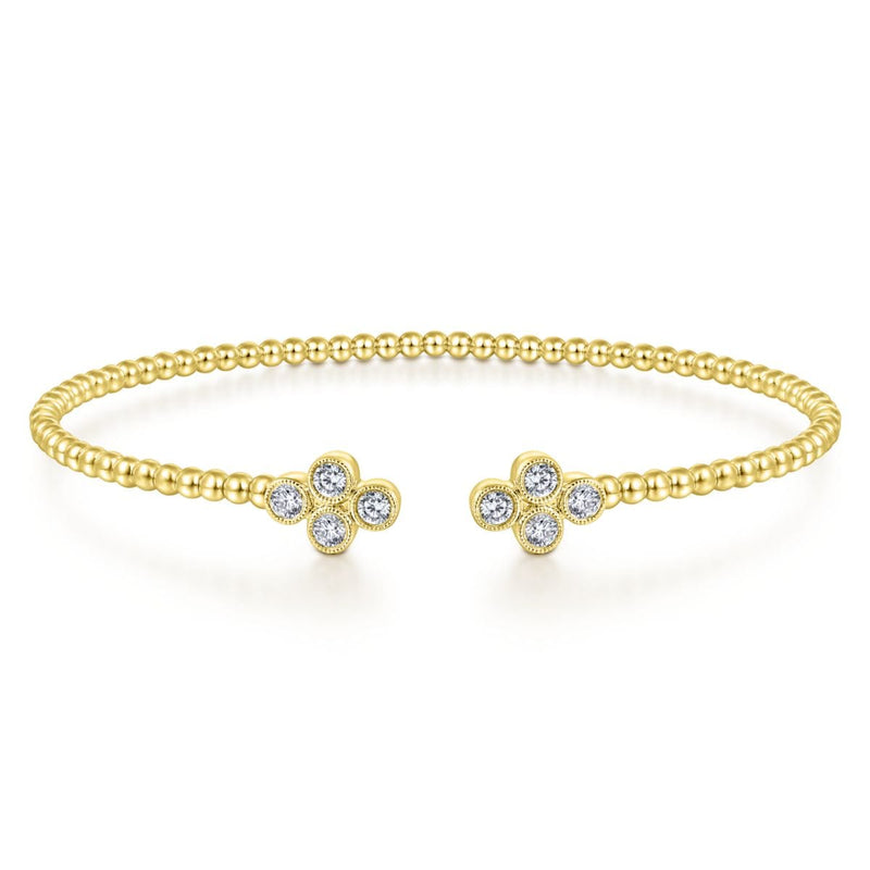 14K Yellow Gold Bujukan Split Cuff Bracelet with Quatrefoil Diamond Endcaps - BG4124-62Y45JJ-Gabriel & Co.-Renee Taylor Gallery