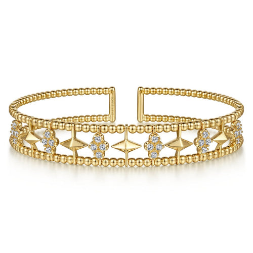 14K Yellow Gold Bujukan Cuff Bracelet with Inner Diamond Cluster and Gold Pyramid Connectors. - BG4615-62Y45JJ-Gabriel & Co.-Renee Taylor Gallery