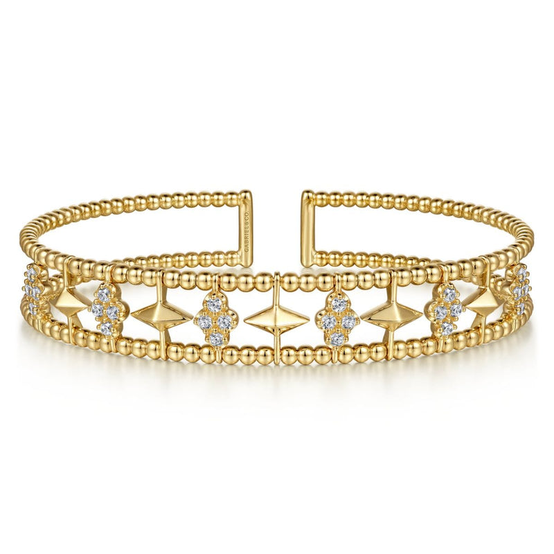 14K Yellow Gold Bujukan Cuff Bracelet with Inner Diamond Cluster and Gold Pyramid Connectors. - BG4615-62Y45JJ-Gabriel & Co.-Renee Taylor Gallery