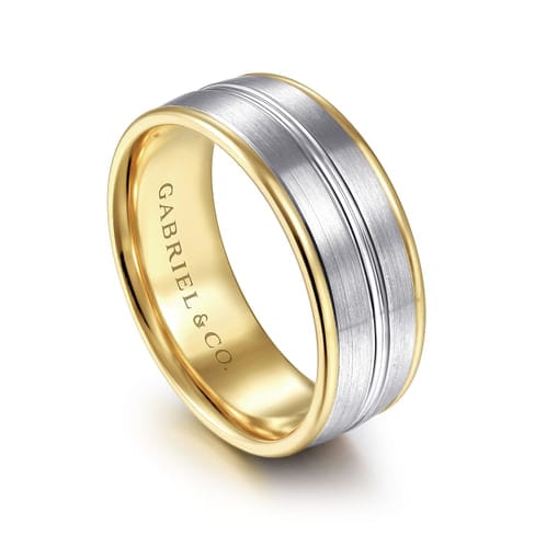 14K White-Yellow Gold 8mm - Two Tone Men's Wedding Band in Satin Finish - MBH0121-80M4JJJ-Gabriel & Co.-Renee Taylor Gallery