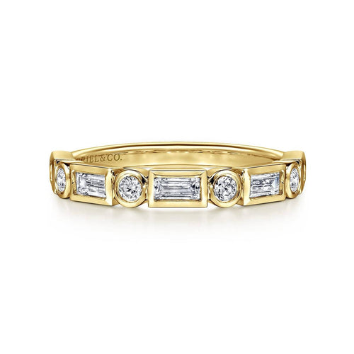 14K Yellow Gold Bezel Set Baguette and Round Diamond Anniversary Band Contemporary Collection (Devoted) - AN16447Y44JJ-Gabriel & Co.-Renee Taylor Gallery