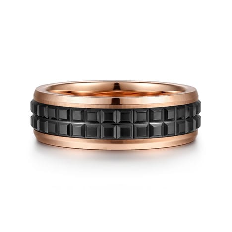 14K Rose Gold-Black Ceramic 7mm - Two Tone Beveled Edge Men's Wedding Band - MBH0171-70K4JCB-Gabriel & Co.-Renee Taylor Gallery