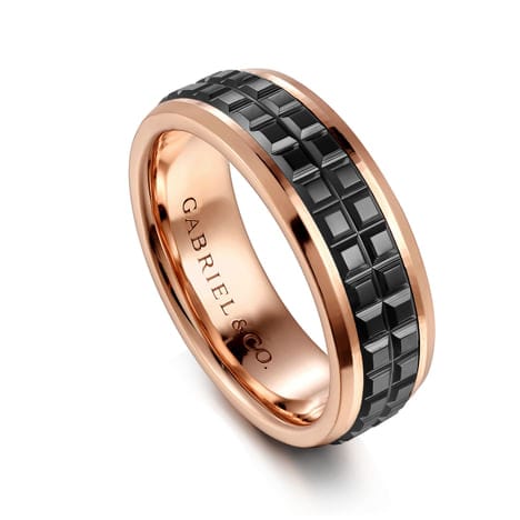 14K Rose Gold-Black Ceramic 7mm - Two Tone Beveled Edge Men's Wedding Band - MBH0171-70K4JCB-Gabriel & Co.-Renee Taylor Gallery