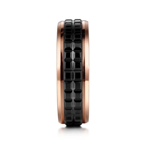 14K Rose Gold-Black Ceramic 7mm - Two Tone Beveled Edge Men's Wedding Band - MBH0171-70K4JCB-Gabriel & Co.-Renee Taylor Gallery