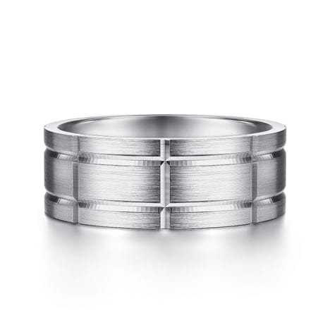 14K White Gold 8mm - Checkered Pattern Men's Wedding Band in Satin Finish - MBM0142-80W4JJJ-Gabriel & Co.-Renee Taylor Gallery