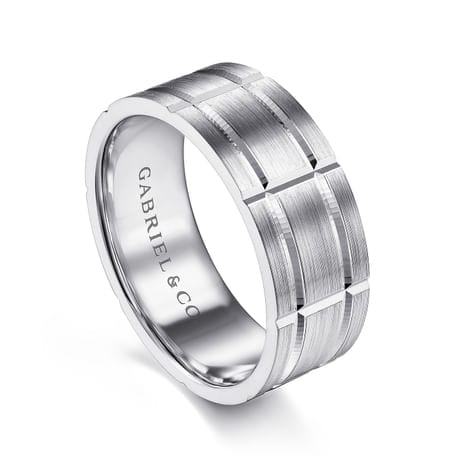 14K White Gold 8mm - Checkered Pattern Men's Wedding Band in Satin Finish - MBM0142-80W4JJJ-Gabriel & Co.-Renee Taylor Gallery