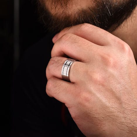 14K White Gold 8mm - Checkered Pattern Men's Wedding Band in Satin Finish - MBM0142-80W4JJJ-Gabriel & Co.-Renee Taylor Gallery