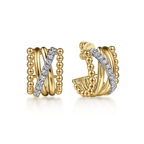 14K Yellow Gold Bujukan Diamond Criss Cross J Hoop Earrings – EG15288Y45JJ-Gabriel & Co.-Renee Taylor Gallery