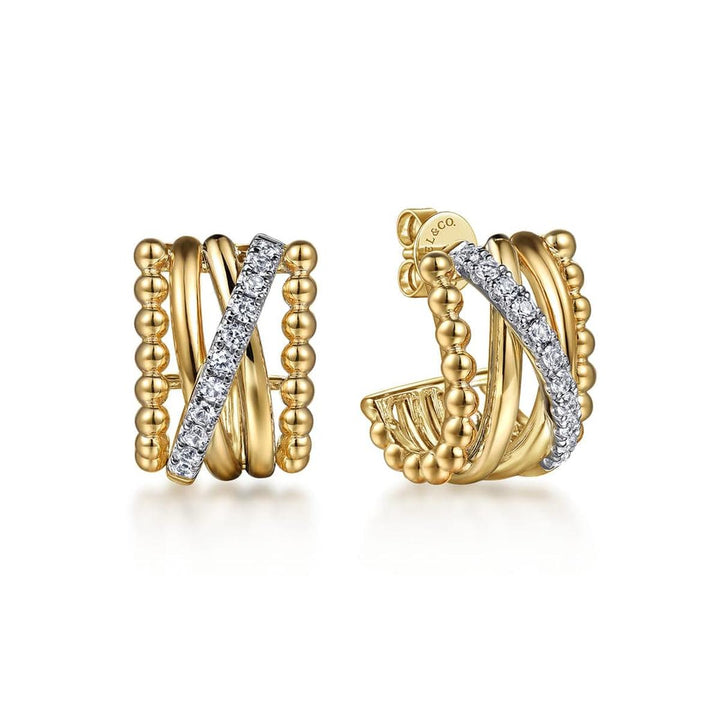 14K Yellow Gold Bujukan Diamond Criss Cross J Hoop Earrings – EG15288Y45JJ-Gabriel & Co.-Renee Taylor Gallery