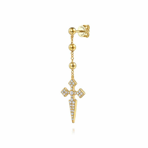 14K Yellow Gold Bujukan and Pave Diamond Cross Stud Drop Single Earring - EGS15497Y45JJ-Gabriel & Co.-Renee Taylor Gallery