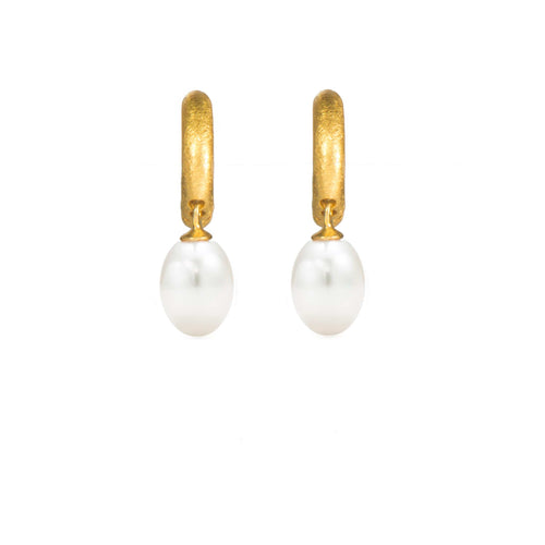 Oval White Pearl 24K Gold Vermeil Huggie Earrings-Joyla-Renee Taylor Gallery