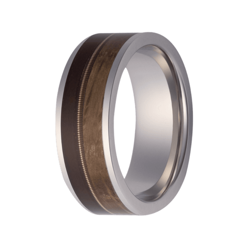 8MM Cobalt Flat Polished Ring with Whiskey Barrel, Bronze Guitar String, and Brown Flask Leather Inlays – 8C101:(WK3/BGS1/BF2)-Heavy Stone-Renee Taylor Gallery