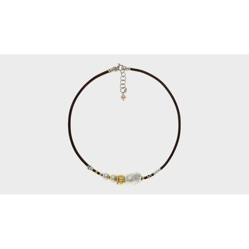 3 mm Leather Necklace with Handmade Gold Elements, Silver, Freshwater Pearls and Baroque Pearl - C2053-Misani Milano-Renee Taylor Gallery