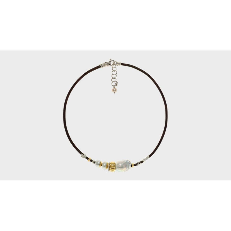 3 mm Leather Necklace with Handmade Gold Elements, Silver, Freshwater Pearls and Baroque Pearl - C2053-Misani Milano-Renee Taylor Gallery
