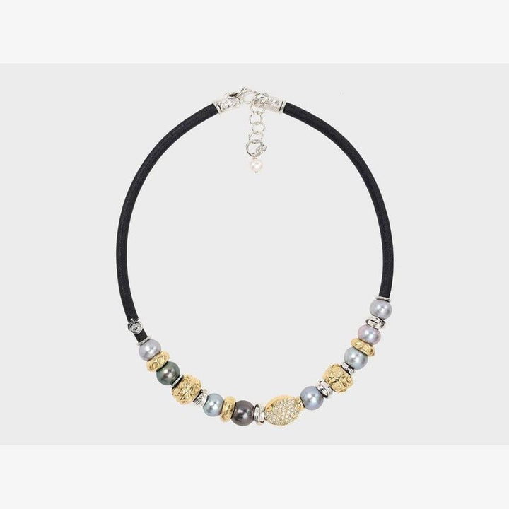 Leather Necklace with Gold, Diamonds and Natural Pearls - C2098-Misani Milano-Renee Taylor Gallery
