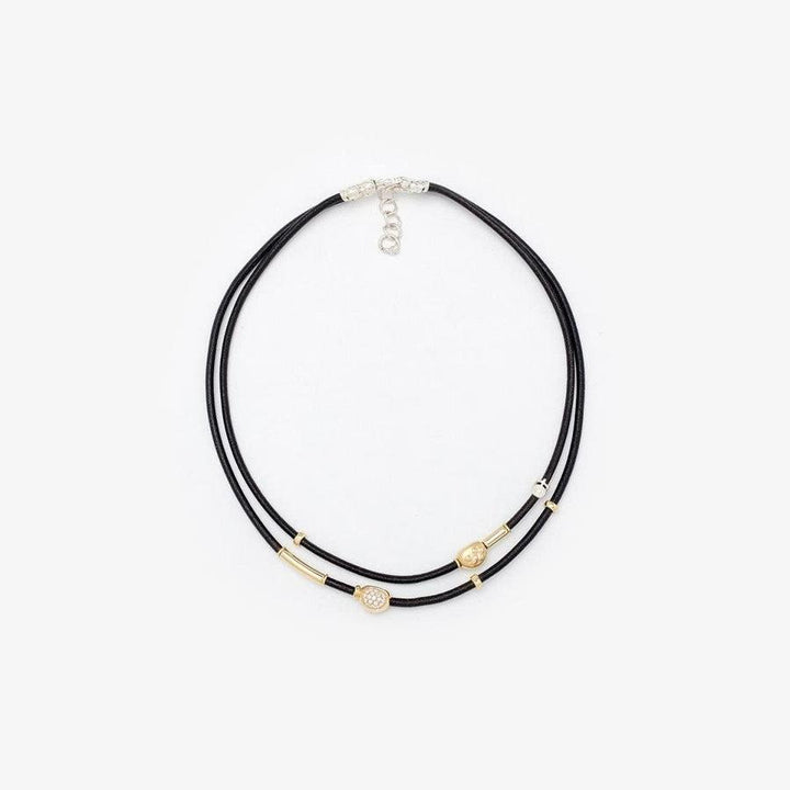 Double Strand 3mm Leather Necklace with 18kt Gold, Silver, and White Diamond Pavé Nugget - C2164-Misani Milano-Renee Taylor Gallery