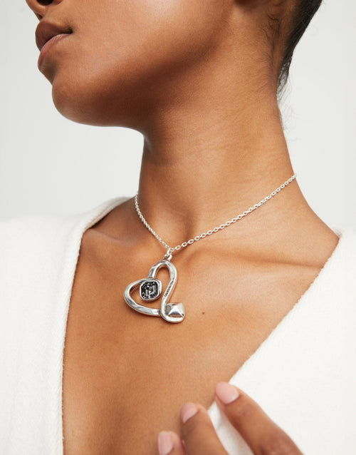 Midsize Sterling Silver Plated Pendant and Heart with Black Crystal - COL1989NGRMTL0U-UNO de 50-Renee Taylor Gallery