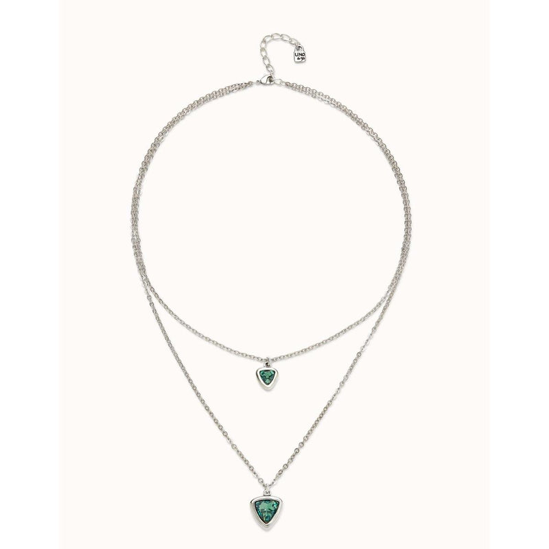 Sterling silver-plated pendant with double chain and central crystal triangles - COL2000VRDMTL0U-UNO de 50-Renee Taylor Gallery