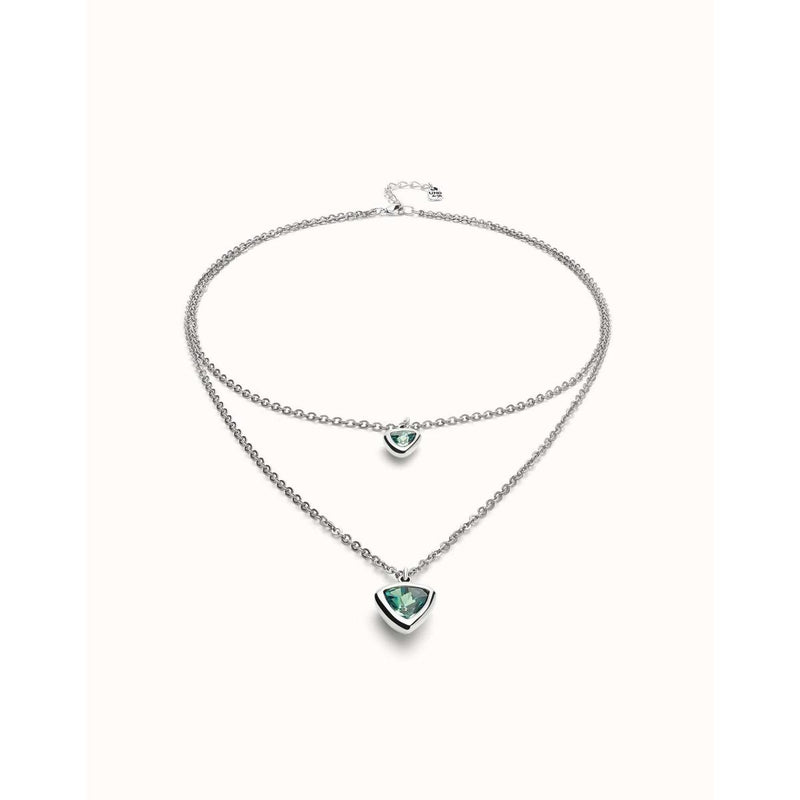 Sterling silver-plated pendant with double chain and central crystal triangles - COL2000VRDMTL0U-UNO de 50-Renee Taylor Gallery