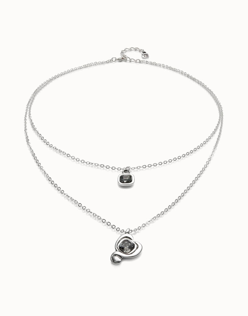 Sterling Silver Plated Pendant with Double Chain and Hearts with Black Crystal - COL2002NGRMTL0U-UNO de 50-Renee Taylor Gallery