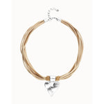 Camel Leather and Silk Thread Necklace with Silver Heart Detail - COL2066CAMMTL0U-UNO de 50-Renee Taylor Gallery