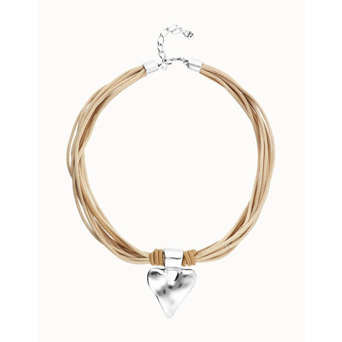 Camel Leather and Silk Thread Necklace with Silver Heart Detail - COL2066CAMMTL0U-UNO de 50-Renee Taylor Gallery