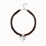 Brown Leather and Silk Thread Necklace with Silver Heart Detail - COL2066MARMTL0U-UNO de 50-Renee Taylor Gallery