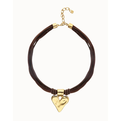 Beat Silk and Leather Thread Necklace with 18k Gold Plated Heart Detail - COL2066MARORO0U-UNO de 50-Renee Taylor Gallery