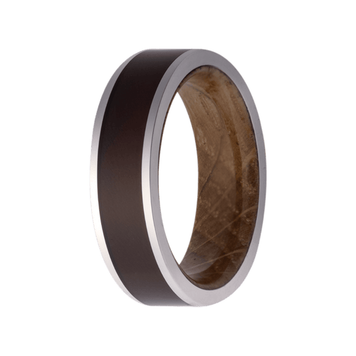 7MM Cobalt Flat Polished Ring with Brown Flask Leather Inlay and Whiskey Barrel Wood Sleeve – 7CWD101:WHK/BF-Heavy Stone-Renee Taylor Gallery