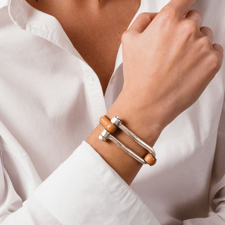 Koa Shackle Bracelet - Silver Plated, Camel Leather - B0113 MCA04-CXC-Renee Taylor Gallery