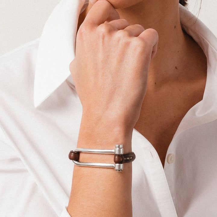 Koa Shackle Bracelet - Silver Plated, Brown Leather - B0113 MMR03-CXC-Renee Taylor Gallery
