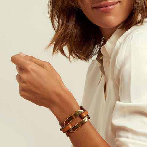 Octagon Leather Bracelet - Gold Plated, Camel Leather - B0162 ORC00-CXC-Renee Taylor Gallery