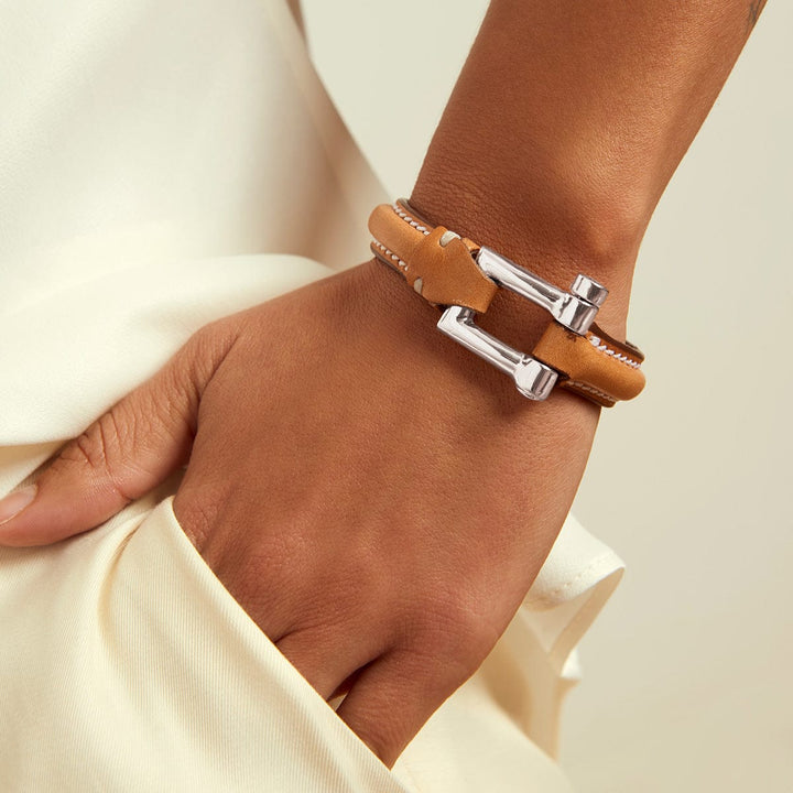 Shackle Bracelet Dune Leather - Silver Plated, Camel Leather - B0166 MCA03-CXC-Renee Taylor Gallery