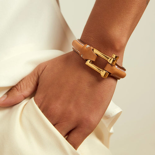 Shackle Bracelet Dune Leather - Gold Plated, Camel Leather - B0166 ORC04-CXC-Renee Taylor Gallery
