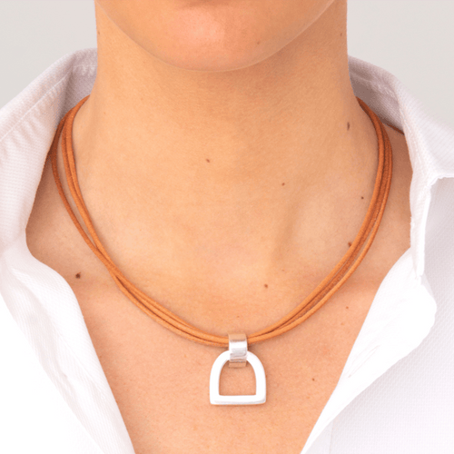 Stirrup Leather Necklace - Silver Plated, Camel Leather - N0068 MCA00-CXC-Renee Taylor Gallery