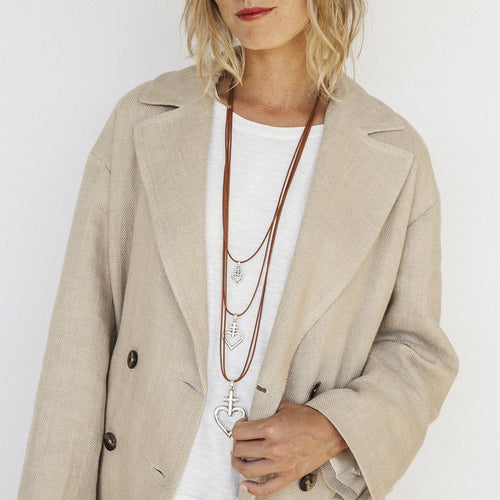 Cross Heart Leather Necklace - Silver Plated, Camel Waxed Leather - N0108 MCA00-CXC-Renee Taylor Gallery
