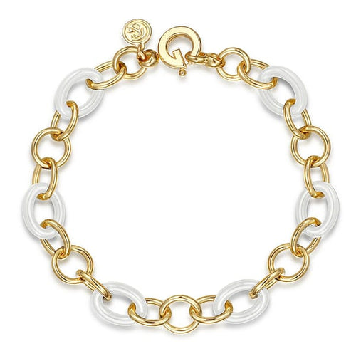 14K Yellow Gold Hollow Tube and White Oval Ceramic Link Chain Tennis Bracelet - TB4890-75Y4JCW-Gabriel & Co.-Renee Taylor Gallery