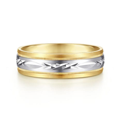 14K White-Yellow 6mm - Engraved Men's Wedding Band in Satin Finish - MBM0119-60M4JJJ-Gabriel & Co.-Renee Taylor Gallery