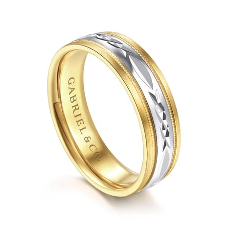14K White-Yellow 6mm - Engraved Men's Wedding Band in Satin Finish - MBM0119-60M4JJJ-Gabriel & Co.-Renee Taylor Gallery