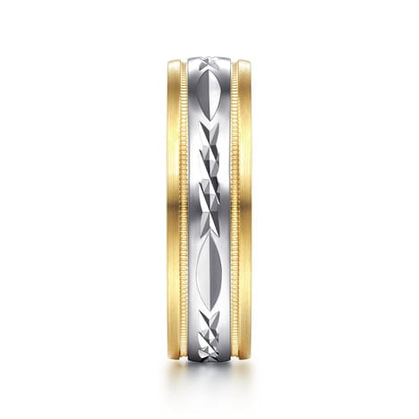 14K White-Yellow 6mm - Engraved Men's Wedding Band in Satin Finish - MBM0119-60M4JJJ-Gabriel & Co.-Renee Taylor Gallery